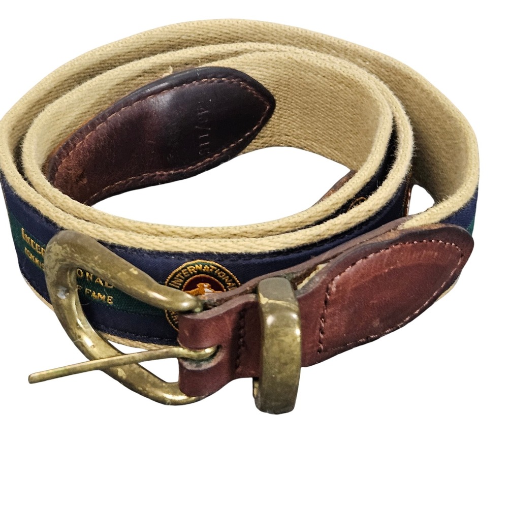 International Tennis Hall of Fame Belt Sz 45 115 Canvas Leather Brass Preppy